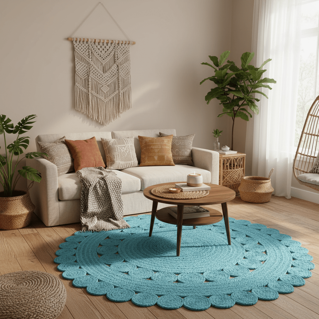 Living room with a blue round rug, white sofa, and wooden coffee table.