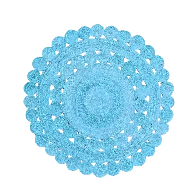 Top view of the Maia Classic Circles Round Jute Rug in blue, showcasing its intricate braided design. This large area rug is perfect for adding a touch of elegance to any living room. Ideal for those seeking stylish and eco-friendly living room area rugs.