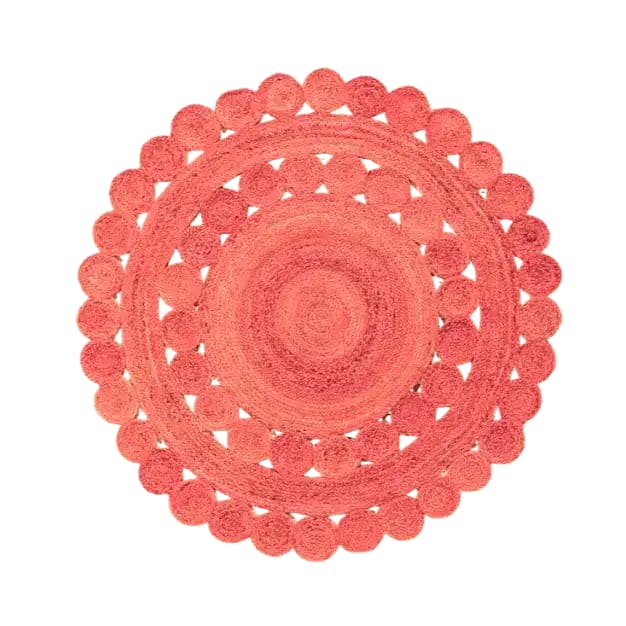 Top view of a vibrant red round jute rug with intricate circular patterns, perfect for enhancing large living room spaces. This stylish area rug adds warmth and texture, making it an ideal choice for living room area rugs.