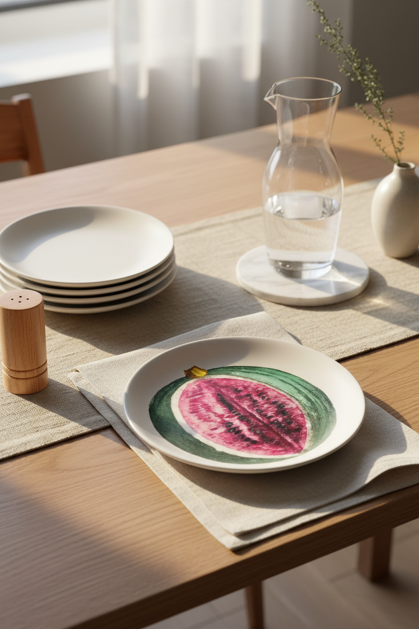 A white ceramic plate featuring a painted watermelon design, styled on a beige linen napkin on a wooden dining table. Other tableware, including a stack of white plates, a glass water carafe, and a small vase with dried stems, are arranged in a warm, sunlit room.