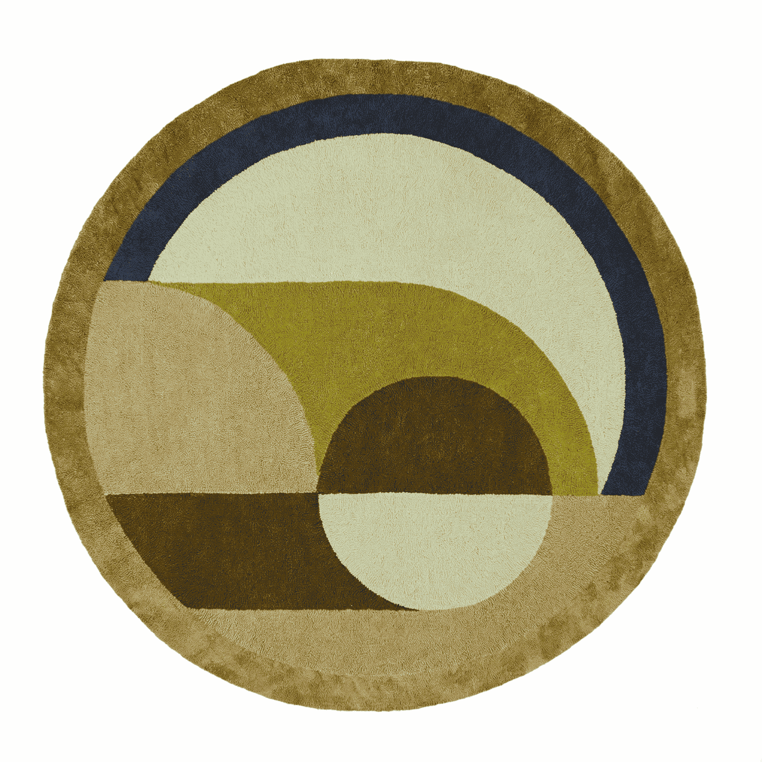 The Maia Golden Brown Round Hand Tufted Wool Rug features an abstract design with earthy tones of golden brown, green, and blue, perfect for adding warmth to bedrooms or living rooms. This round area rug is crafted from high-quality wool, making it a stylish and durable choice for bedroom area rugs and living room spaces.