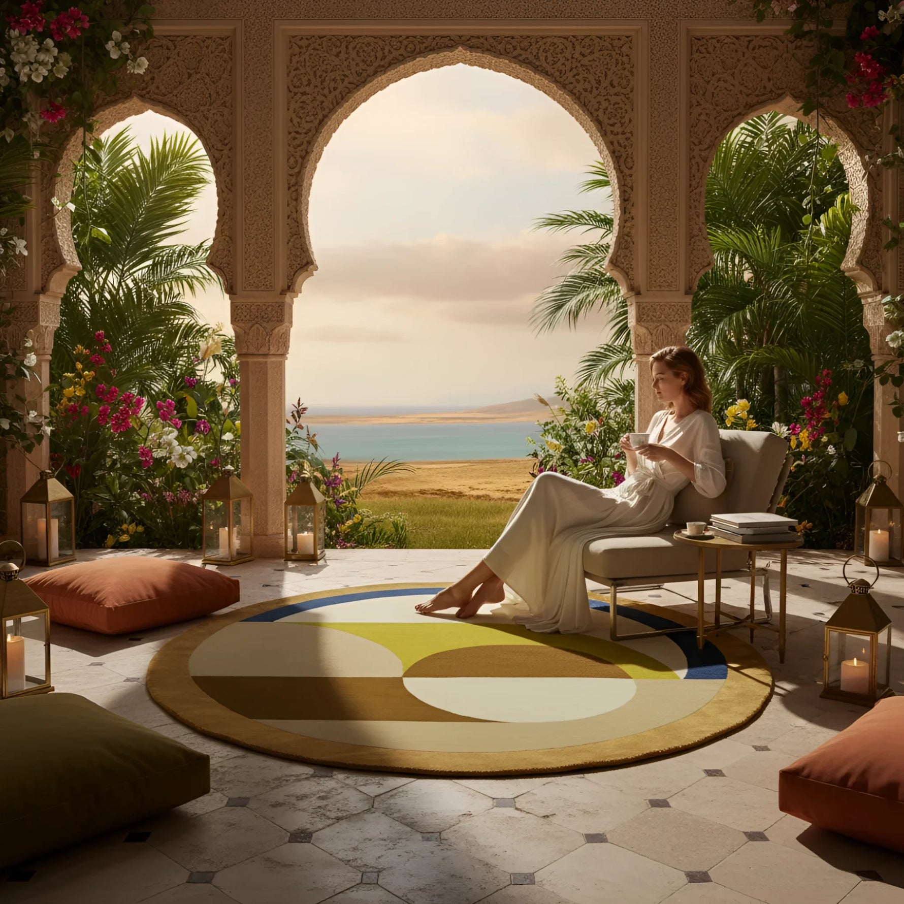 Woman sitting on a chair in a scenic outdoor setting with a colorful rug.