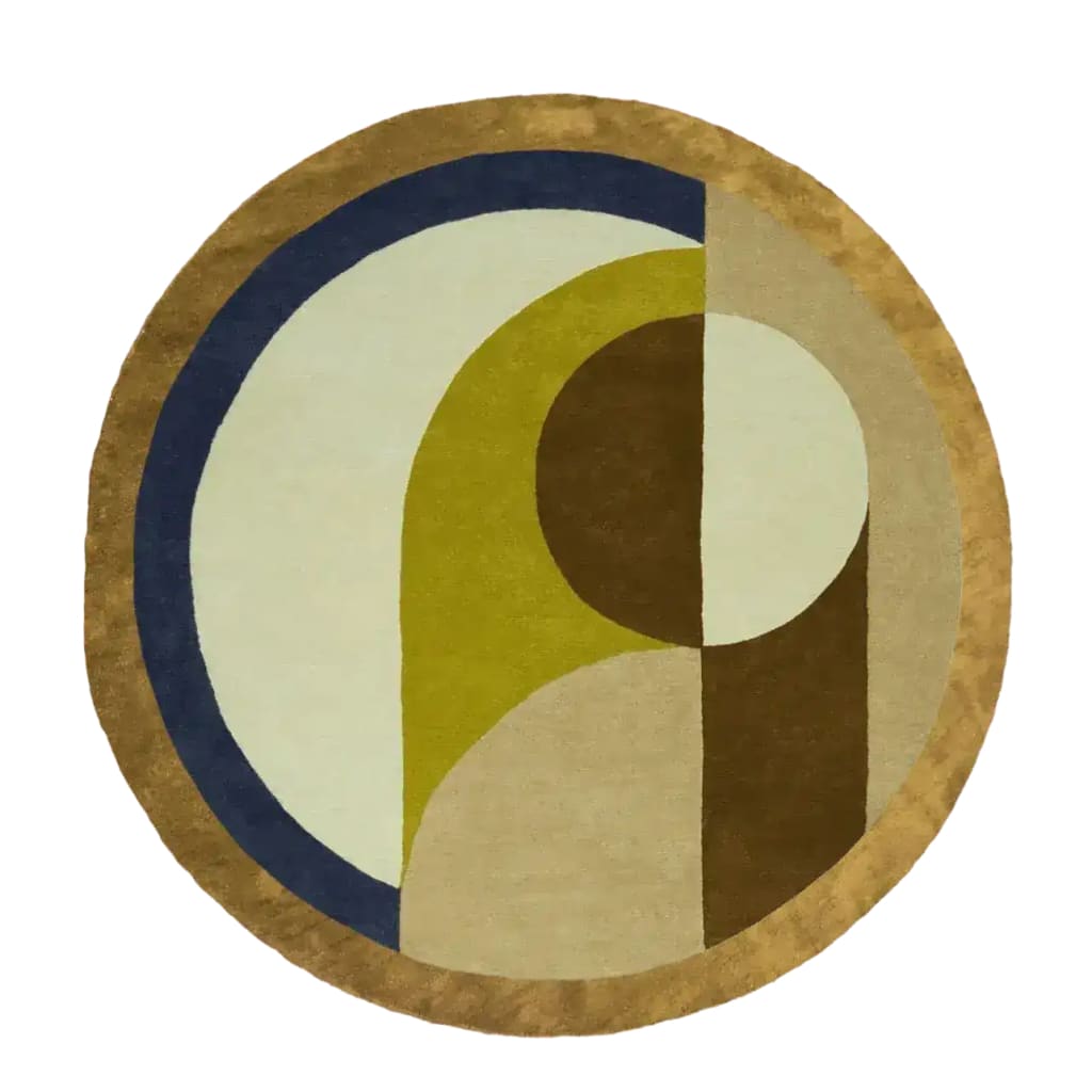 This image showcases the Maia Golden Brown Round Hand Tufted Wool Rug, an elegant area rug perfect for enhancing your bedroom or living room. The rug features a stylish abstract design with a blend of earthy tones including golden brown, olive green, and navy blue, making it a standout piece among bedroom area rugs and other wool rugs.