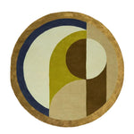 This image showcases the Maia Golden Brown Round Hand Tufted Wool Rug, an elegant area rug perfect for enhancing your bedroom or living room. The rug features a stylish abstract design with a blend of earthy tones including golden brown, olive green, and navy blue, making it a standout piece among bedroom area rugs and other wool rugs.