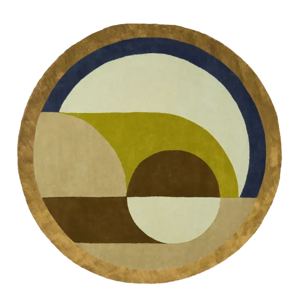 The Maia Golden Brown Round Hand Tufted Wool Rug features an abstract design with earthy tones of golden brown, green, and blue, perfect for adding warmth to bedrooms or living rooms. This round area rug is crafted from high-quality wool, making it a stylish and durable choice for bedroom area rugs and living room spaces.