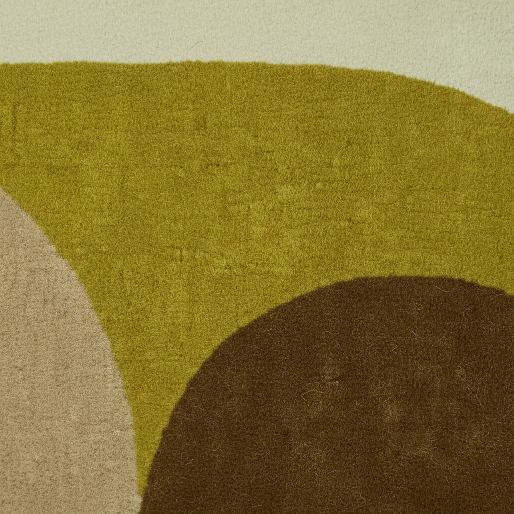 Close-up of a textured rug with green, brown, and beige colors.