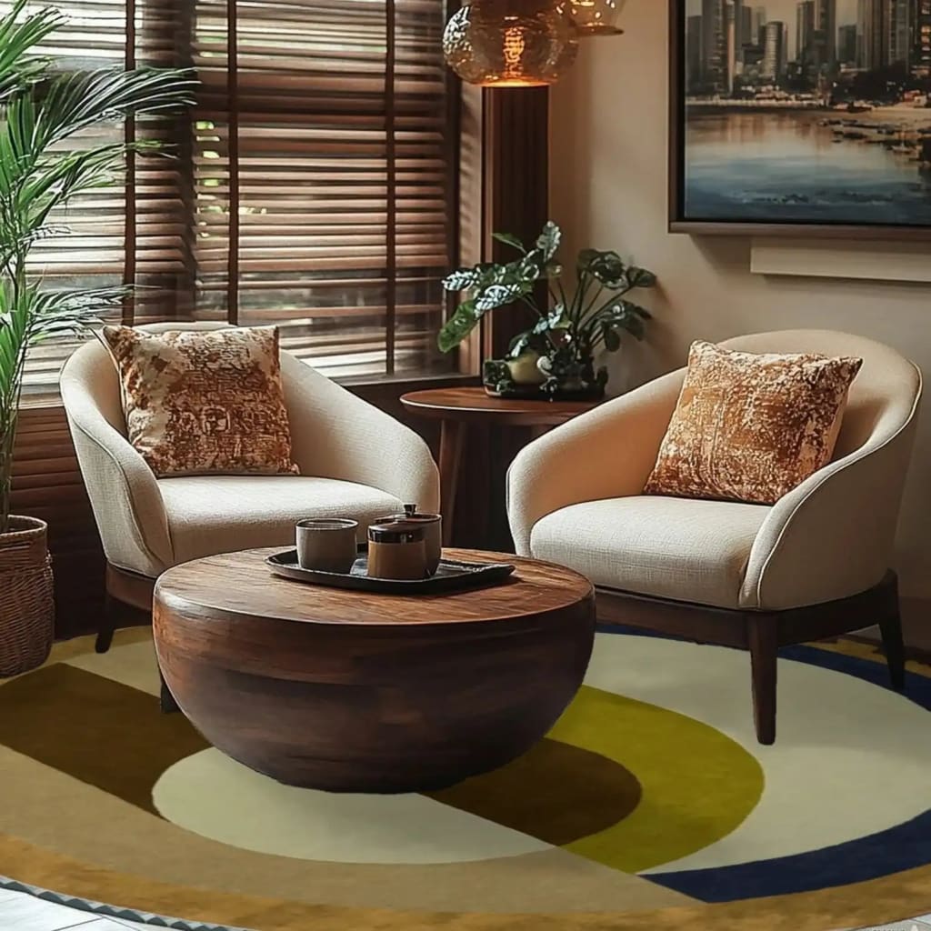 A cozy living room featuring the Maia Golden Brown Round Hand Tufted Wool Rug. This elegant area rug serves as the perfect bedroom or living room centerpiece, with its rich golden brown hues and round shape complementing the modern decor. The soft wool texture adds warmth and style to any space, making it an ideal choice for bedroom area rugs or as a standout piece in your living room.
