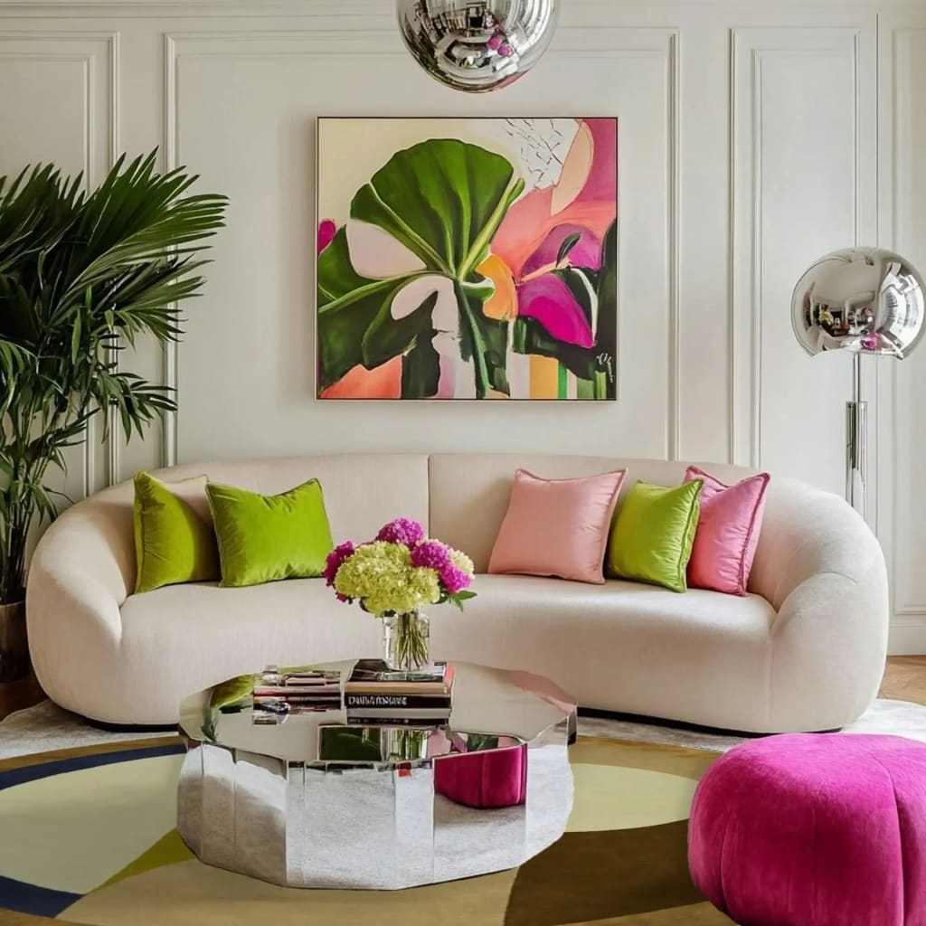 A stylish living room featuring the Maia Golden Brown Round Hand Tufted Wool Rug. The area rug is beautifully showcased beneath a modern, reflective coffee table. Bright pink and green cushions accentuate the curved beige sofa, adding a pop of color to the room. The space is elegantly decorated with contemporary art and lush greenery, making it ideal for both living room and bedroom settings.