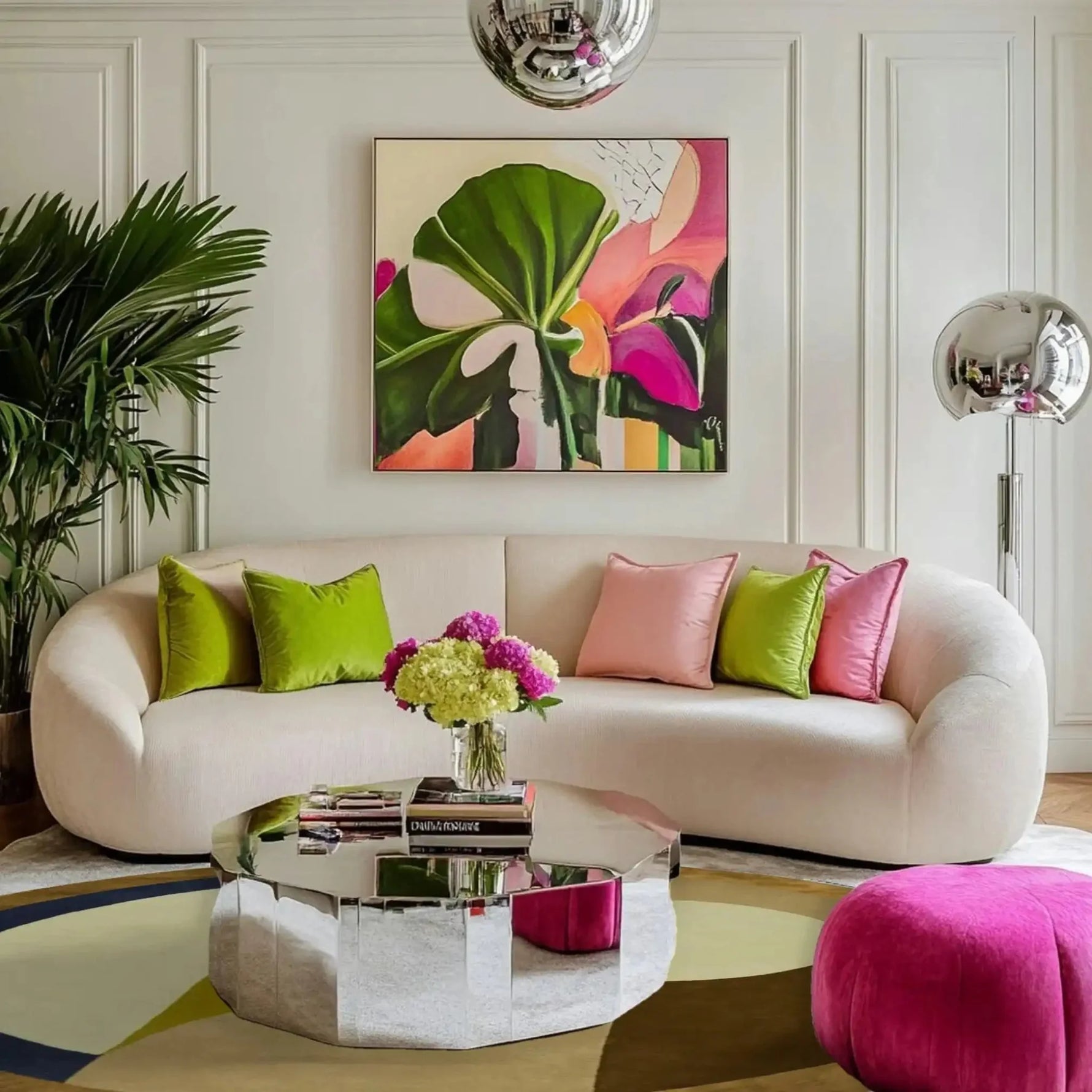 A stylish living room featuring the Maia Golden Brown Round Hand Tufted Wool Rug. The area rug is beautifully showcased beneath a modern, reflective coffee table. Bright pink and green cushions accentuate the curved beige sofa, adding a pop of color to the room. The space is elegantly decorated with contemporary art and lush greenery, making it ideal for both living room and bedroom settings.