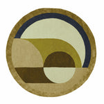 The Maia Golden Brown Round Hand Tufted Wool Rug features an abstract design with earthy tones of golden brown, green, and blue, perfect for adding warmth to bedrooms or living rooms. This round area rug is crafted from high-quality wool, making it a stylish and durable choice for bedroom area rugs and living room spaces.