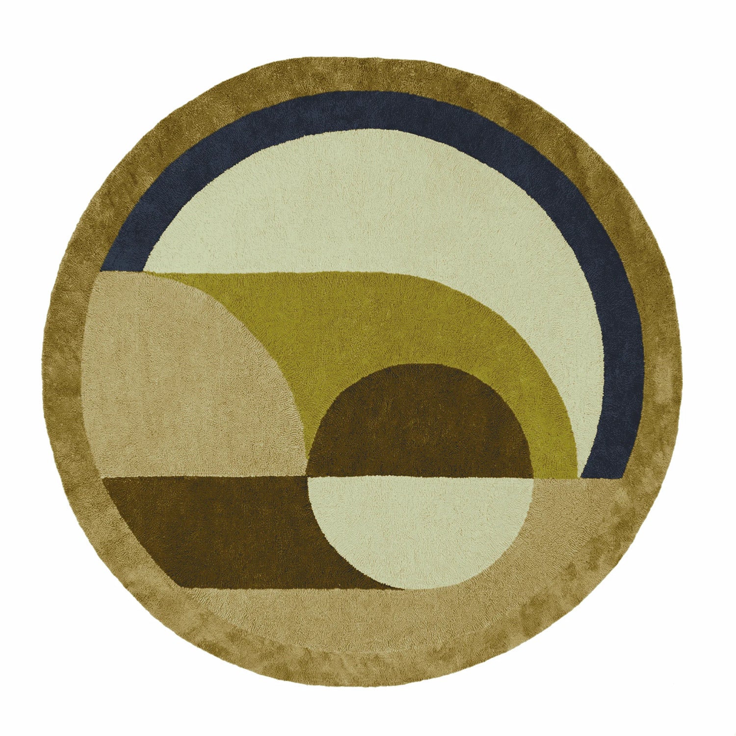 The Maia Golden Brown Round Hand Tufted Wool Rug features an abstract design with earthy tones of golden brown, green, and blue, perfect for adding warmth to bedrooms or living rooms. This round area rug is crafted from high-quality wool, making it a stylish and durable choice for bedroom area rugs and living room spaces.
