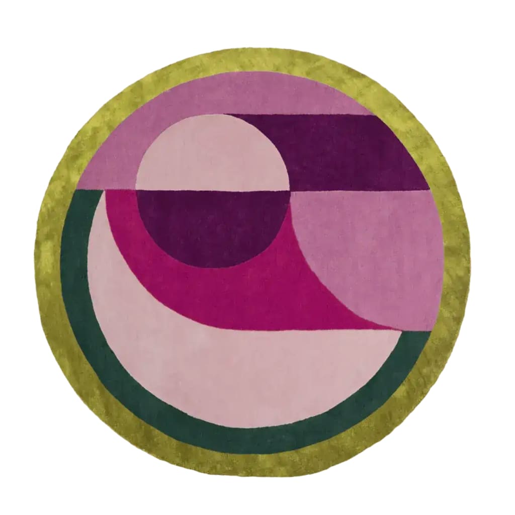 A vibrant and contemporary round rug crafted from wool, featuring a striking abstract design in shades of golden, pink, and purple. Perfect for adding a touch of modern elegance to a living room, this large area rug measures 8x10 and is ideal for those seeking stylish area rugs for living room spaces.