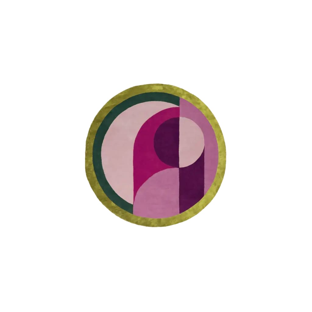 A vibrant round wool rug featuring abstract geometric patterns in shades of pink, purple, and green. This contemporary area rug is perfect for adding a touch of style to your living room. Ideal for those seeking an 8x10 living room rug, it combines both modern design and comfort.