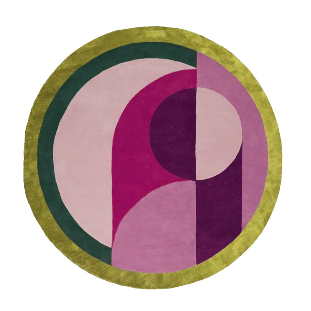 The Maia Golden Pink Round Hand Tufted Wool Rug is a stunning contemporary area rug, perfect for the living room. Its abstract design features vibrant shades of pink, purple, and green, making it an eye-catching centerpiece. This large, 8x10 wool rug offers a luxurious and stylish touch to any space.