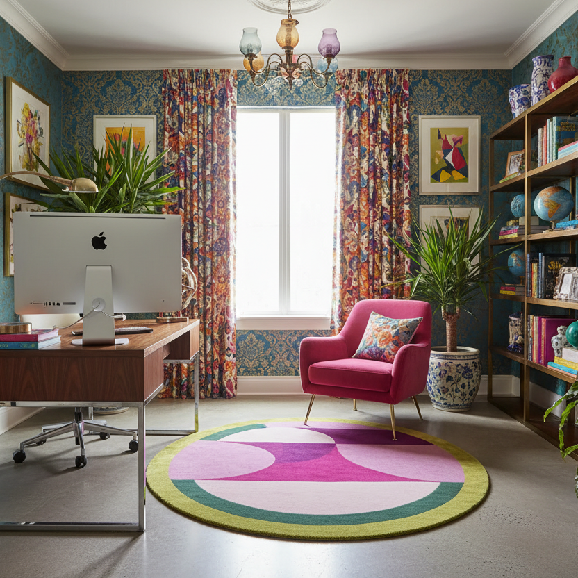 Colorful home office with a desk, chair, and decorative elements.