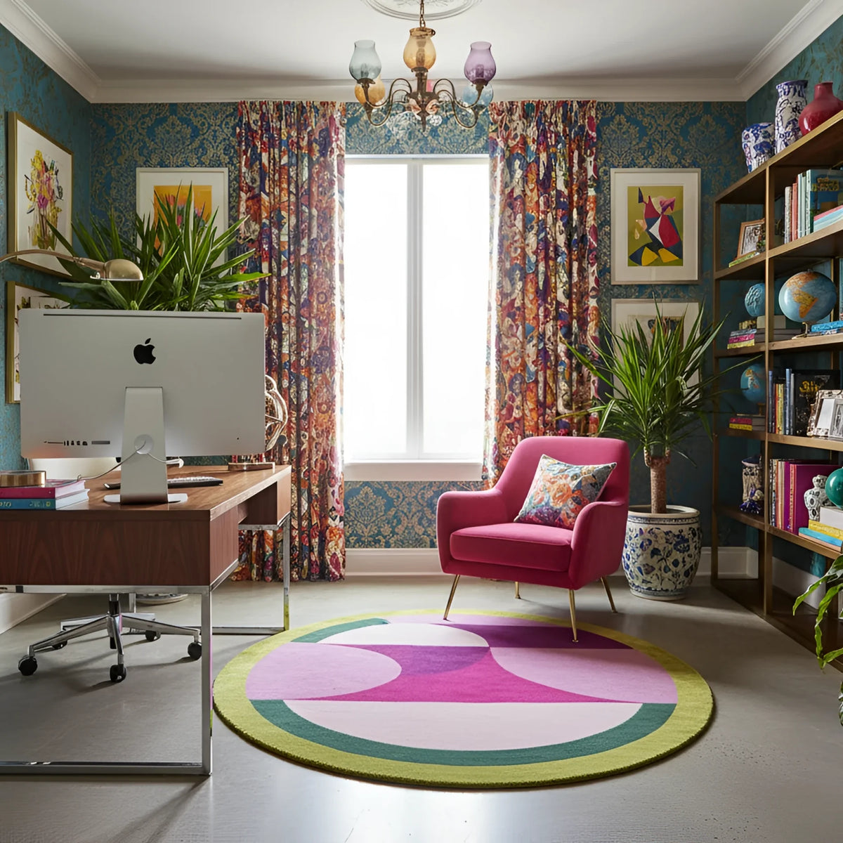 Colorful home office with a desk, chair, and decorative elements.