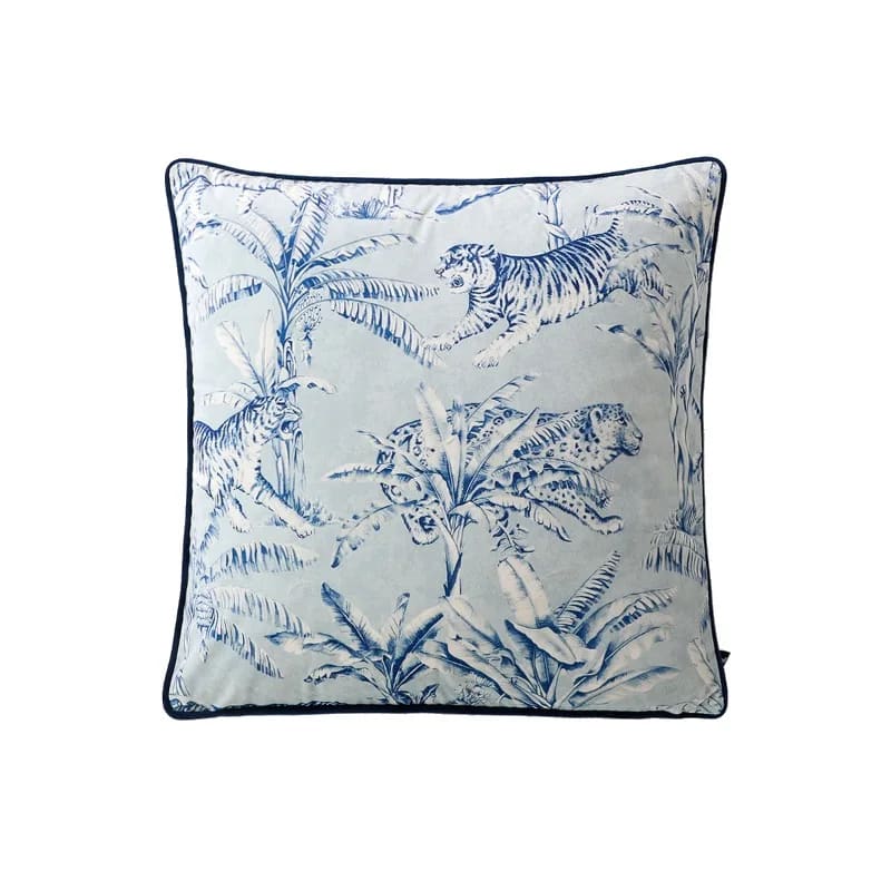 Exquisite jungle-print throw pillow featuring tigers and foliage in blue tones, perfect for adding a tropical touch to your decor.