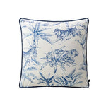 Exquisite jungle-print throw pillow featuring tigers and tropical foliage in blue and white tones, perfect for adding a touch of elegance to your home decor.