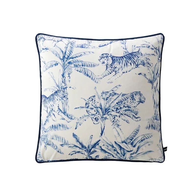 Exquisite jungle-print throw pillow featuring tigers and tropical foliage in blue and white tones, perfect for adding a touch of elegance to your home decor.