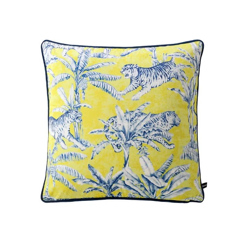 Exquisite jungle-print throw pillow featuring vibrant yellow background with blue tigers and tropical foliage designs, perfect for adding a touch of exotic flair to any room.