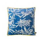 Exquisite jungle-print throw pillow featuring tigers and tropical foliage on a blue background, perfect for home decor.