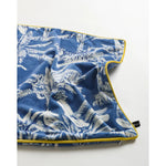 Exquisite jungle-print throw pillow cover featuring a vibrant blue background with white tiger and foliage designs, accented with a yellow trim.