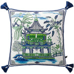 Luxurious throw pillow featuring a vibrant pagoda design in green and blue with decorative tassels, perfect for adding elegance to any living space.