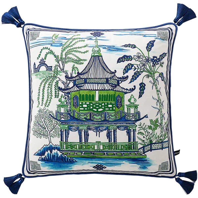 Luxurious throw pillow featuring a vibrant pagoda design in green and blue with decorative tassels, perfect for adding elegance to any living space.