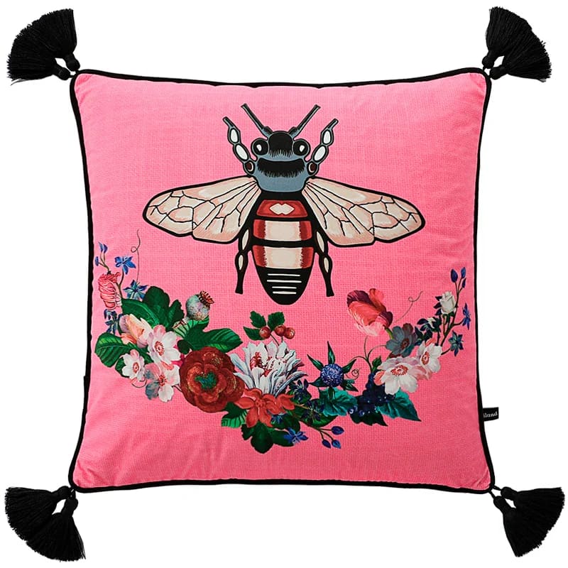 Pink throw pillow featuring a regal bee design surrounded by vibrant floral patterns and decorative tassels.