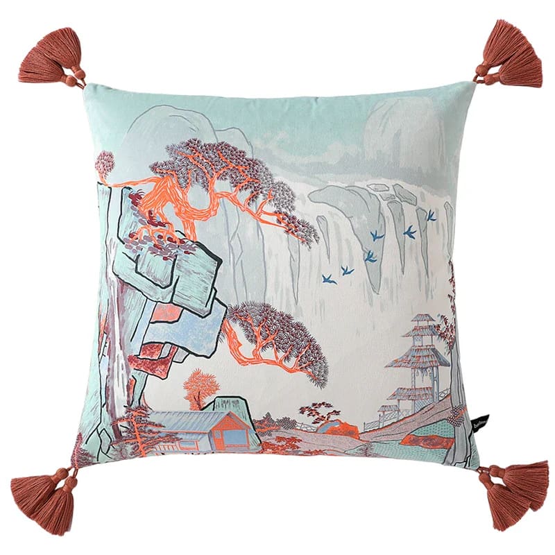 Luxurious throw pillow featuring a tranquil pagoda design with vibrant colors and tassels, perfect for home decor.