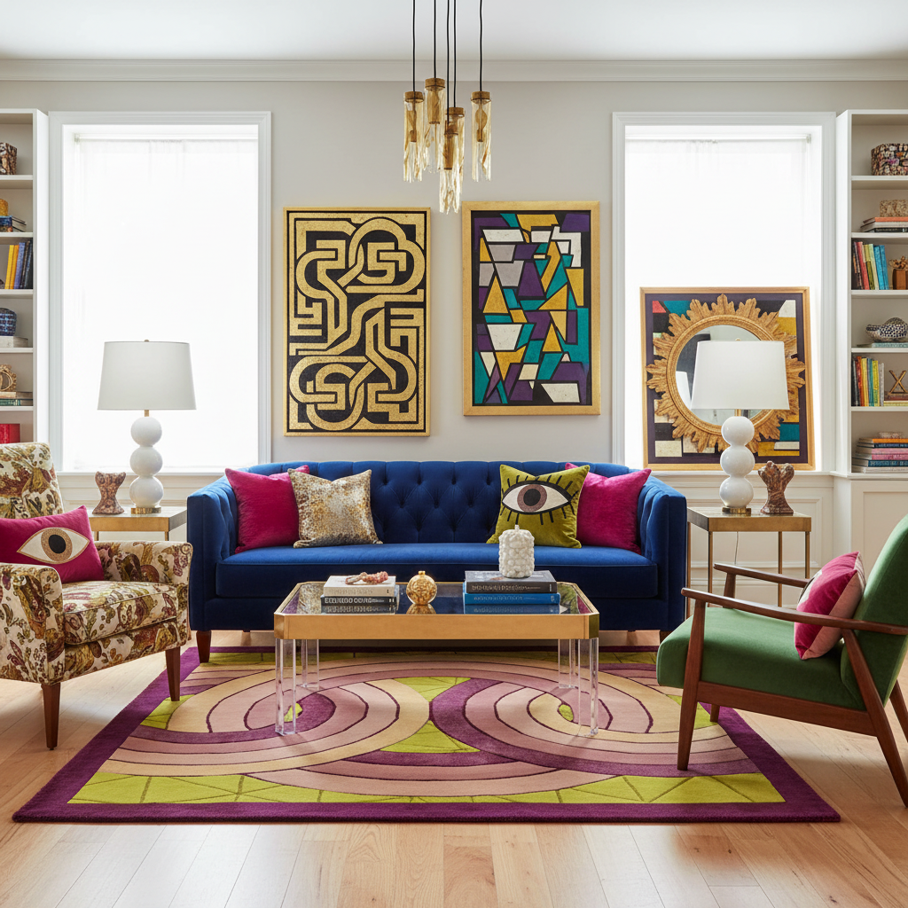 Colorful living room with a blue sofa, patterned rug, and abstract art.