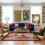 Colorful living room with a blue sofa, patterned rug, and abstract art.