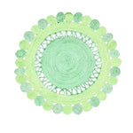 A beautiful Maia Round and Round Jute Rug in a refreshing green color, perfect as an area rug for living room spaces. This round jute rug features intricate woven patterns that add a touch of elegance to any home decor.