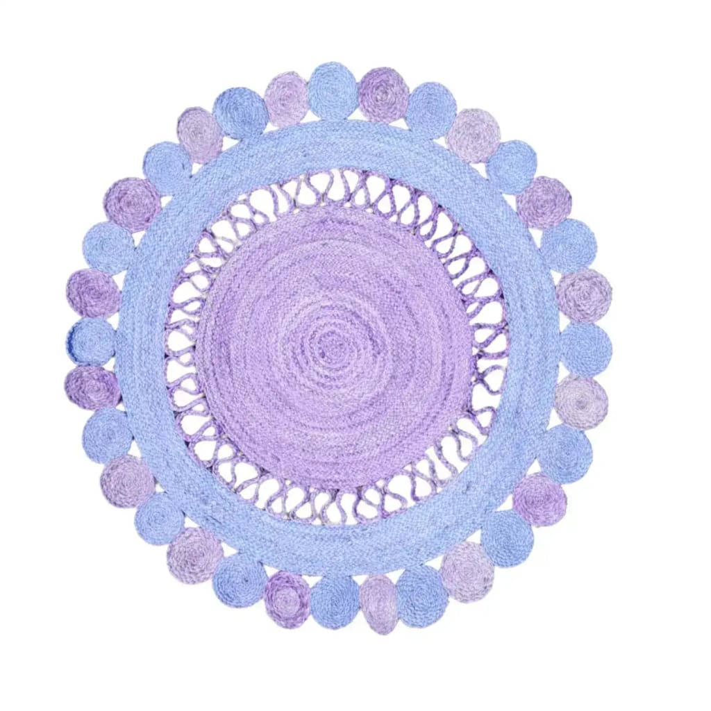 A beautifully crafted light blue Jute round rug, perfect for enhancing your living room decor. This large area rug features intricate woven patterns and a unique design, ideal for those seeking stylish rugs for living rooms.