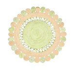 Top view of the Maia Round and Round Jute Rug in vibrant yellow, showcasing its intricate circular pattern. This area rug, perfect for living room spaces, highlights the natural texture of jute in a round design, ideal for an 8x10 setting.