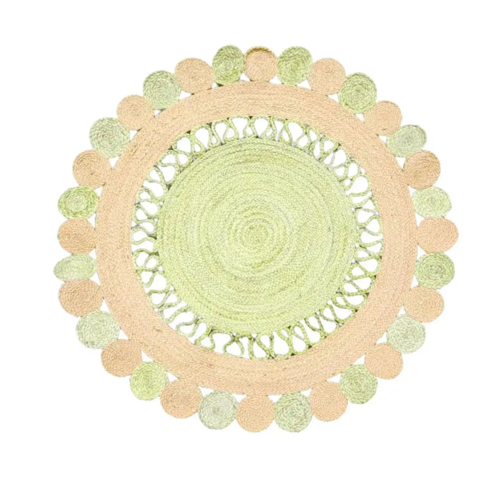 Top view of the Maia Round and Round Jute Rug in vibrant yellow, showcasing its intricate circular pattern. This area rug, perfect for living room spaces, highlights the natural texture of jute in a round design, ideal for an 8x10 setting.