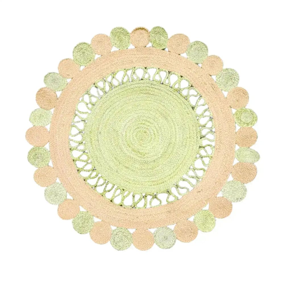 A top view of the Maia Round and Round Jute Rug in a vibrant yellow hue. This area rug features a circular design with intricate weaving patterns, ideal for adding a cozy touch to living rooms. Perfect as a round rug for spaces requiring an 8x10 living room rug.