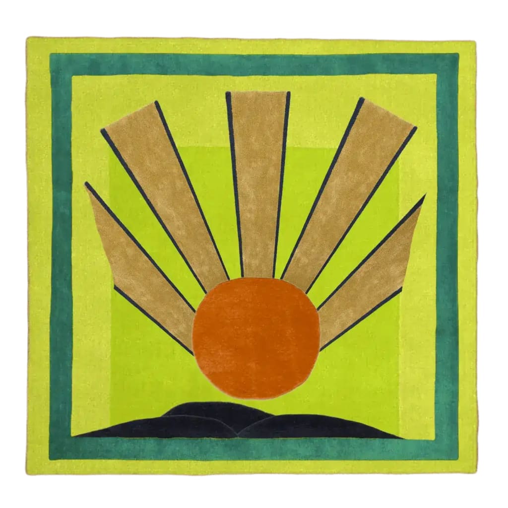 The Maia Sunrise Art Deco Square Hand Tufted Wool Rug features a vibrant design with a bold orange sunburst against a green backdrop, perfect for adding a contemporary touch to any living room. This square area rug combines modern aesthetics with the timeless elegance of wool, making it an ideal choice for large living room rugs.