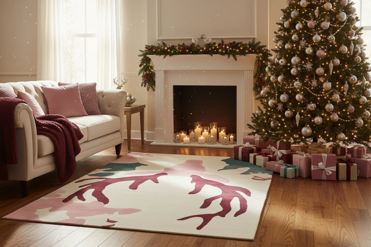 Cozy living room with Christmas decorations, including a tree, presents, and fireplace.