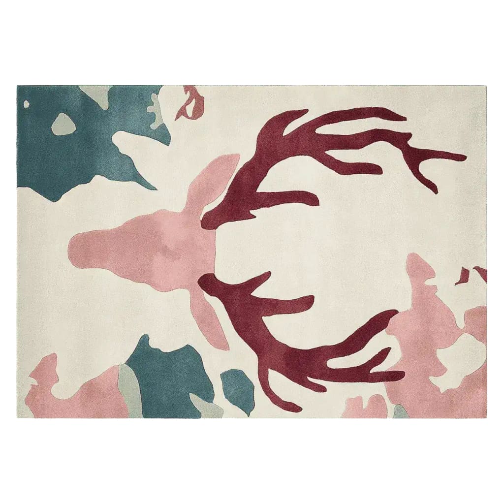 Majestic Antler Hand Tufted Area Rug showcasing a unique abstract design with earthy tones of pink, blue, and cream. This wool rug is perfect for adding a touch of elegance to your living room, especially in an 8x10 size.