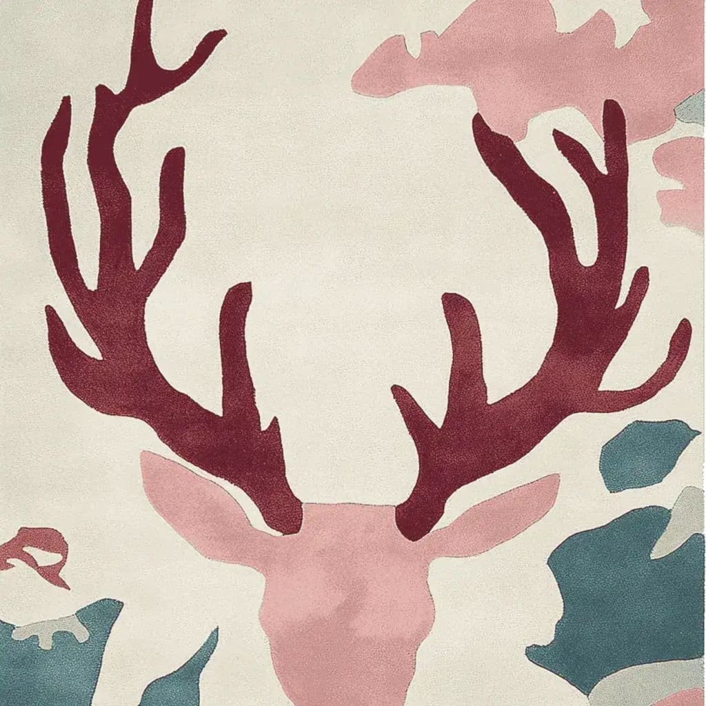 This image showcases a Majestic Antler Hand Tufted Area Rug with a striking abstract deer design featuring bold antlers in shades of burgundy, set against a soft, neutral background. This wool rug is perfect for adding a touch of elegance to your living room. Ideal as an 8x10 piece, it's one of the standout rugs for living room decor.