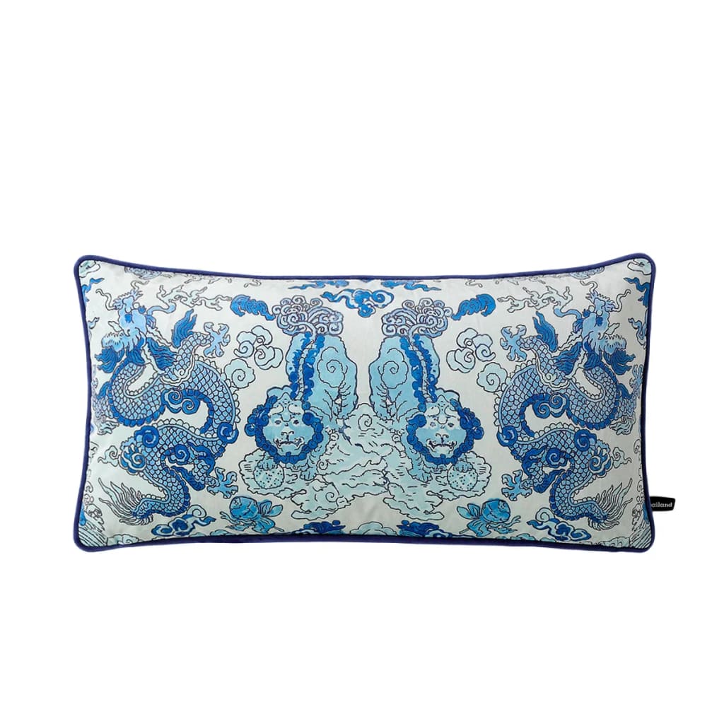 Majestic azure dragon and fu dog throw pillow cover featuring intricate blue and white designs, perfect for adding a touch of elegance to any decor.