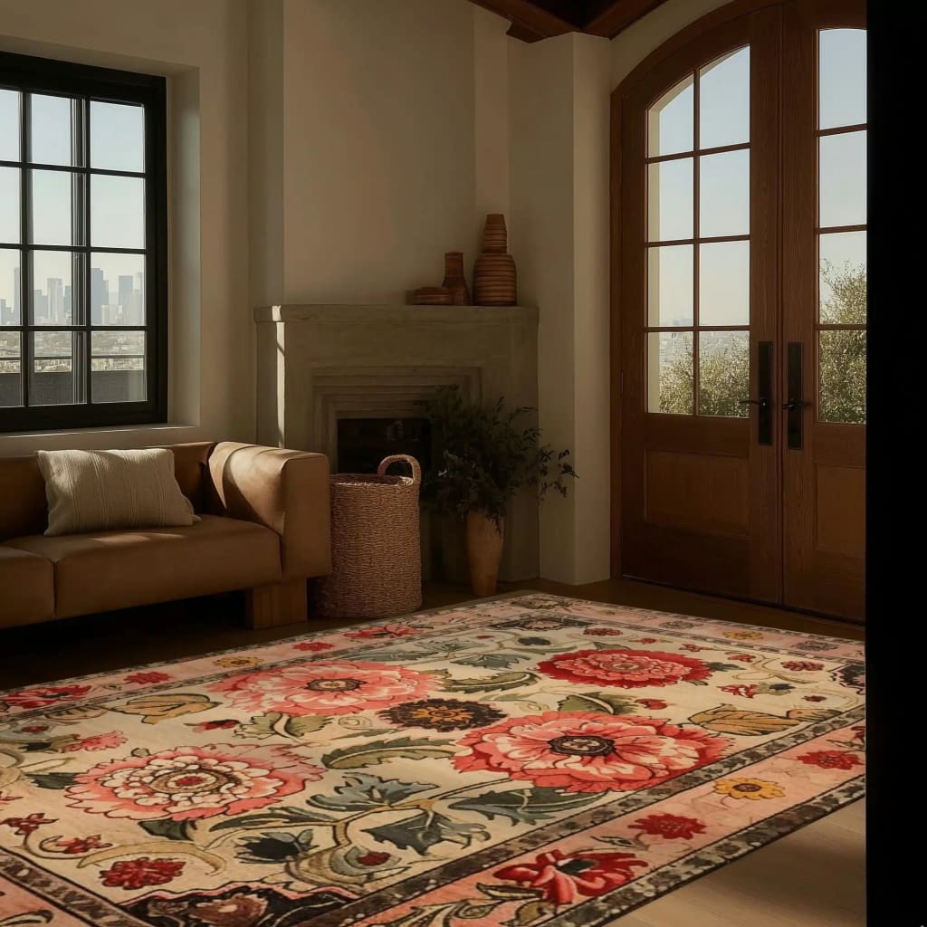 Beautiful Majestic Blooms Hand Tufted Rug in a cozy living room setting. The area rug features vibrant floral patterns with vintage charm, perfect for large living rooms. This 8x10 wool rug adds elegance and warmth to the space, enhancing the natural light streaming through the windows.