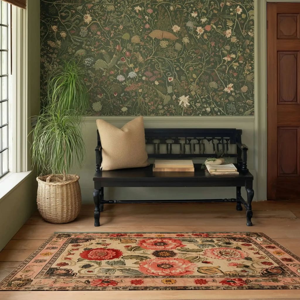 A beautifully detailed Majestic Blooms Hand Tufted Rug adorns a cozy living room setting. This large area rug, perfect for an 8x10 space, features vibrant floral patterns that exude a vintage charm, complementing the wool texture. The rug's intricate design harmonizes with the elegant decor, including a classic bench and a lush plant, creating an inviting atmosphere.