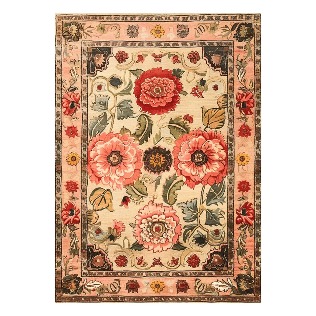 Majestic Blooms Hand Tufted Rug featuring a vibrant floral design perfect for large living room spaces. This 8x10 vintage wool area rug showcases intricate red and pink flowers with lush green leaves, ideal for adding a touch of elegance to any living room.