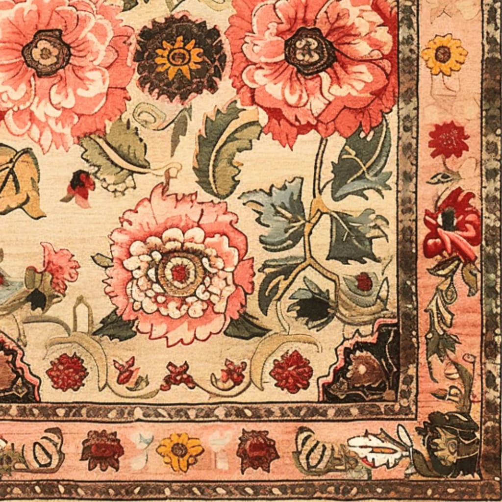 Close-up view of the Majestic Blooms Hand Tufted Rug, showcasing its intricate floral design. The area rug features vibrant pink and red flowers with lush green leaves, set against a vintage-inspired background. This wool rug is perfect for large living rooms, especially in an 8x10 size, adding a touch of elegance to any space.