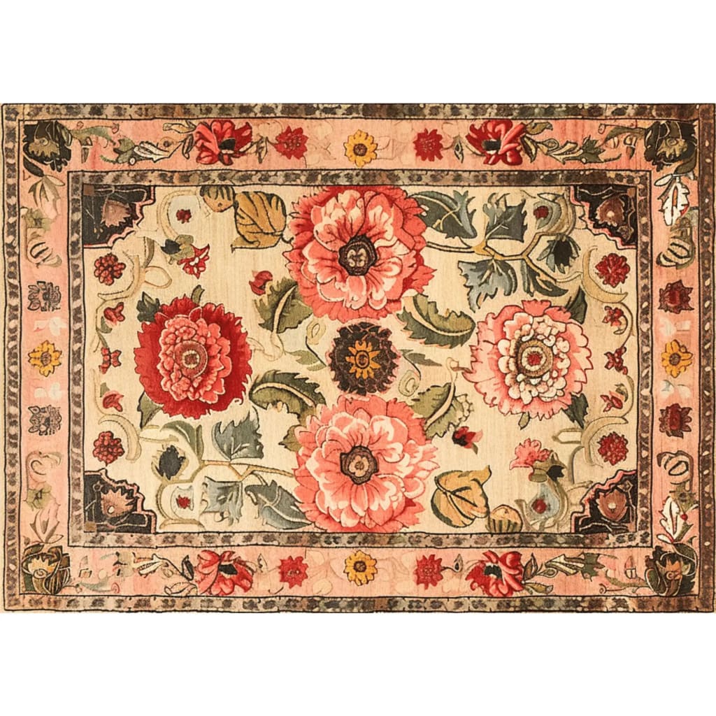 Majestic Blooms Hand Tufted Rug showcasing a vibrant floral design perfect for a large living room. This 8x10 vintage area rug features intricate wool detailing with bold red and pink flowers, adding elegance and charm to any living space.