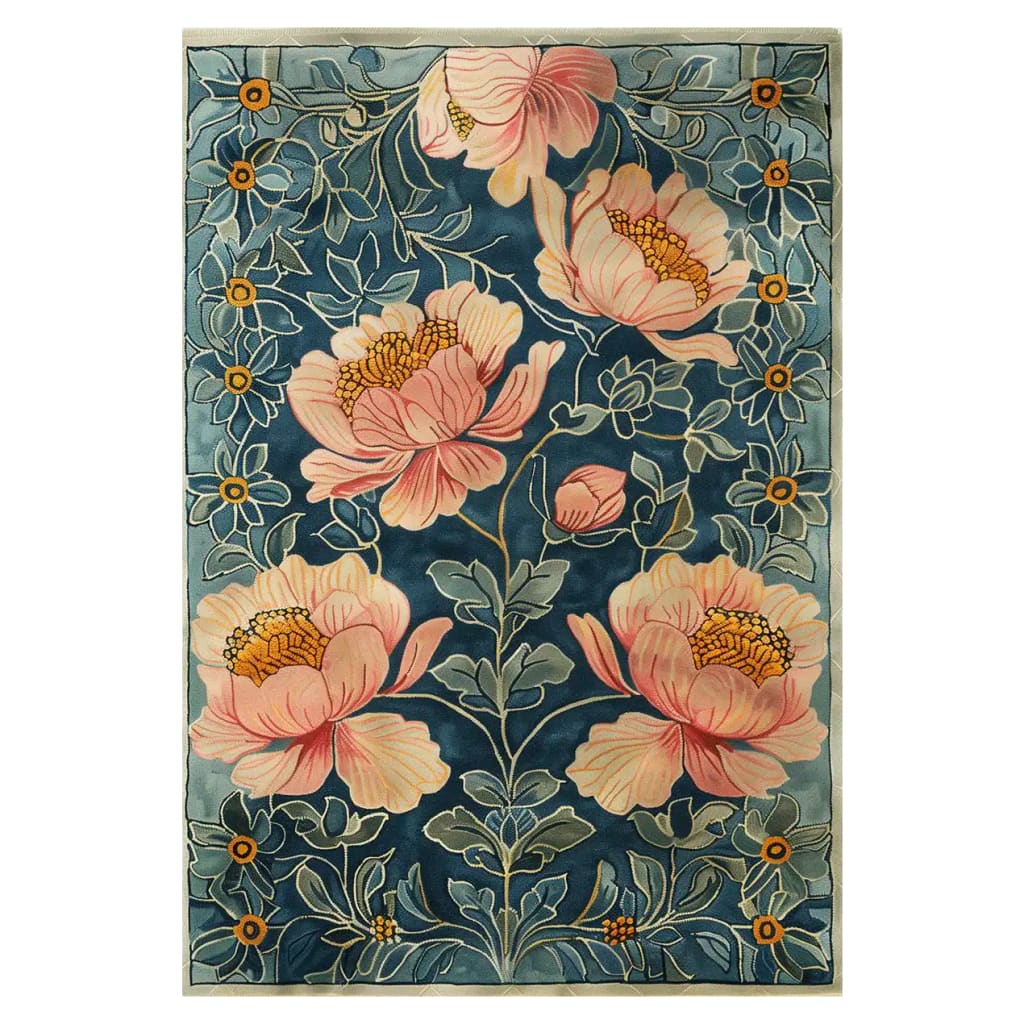 Majestic Blossoms Hand Tufted Wool Rug featuring a vibrant floral design with large pink flowers on a deep blue background, ideal as an area rug for living room spaces. This vintage-inspired wool rug adds elegance and warmth, perfect for those seeking large living room rugs.