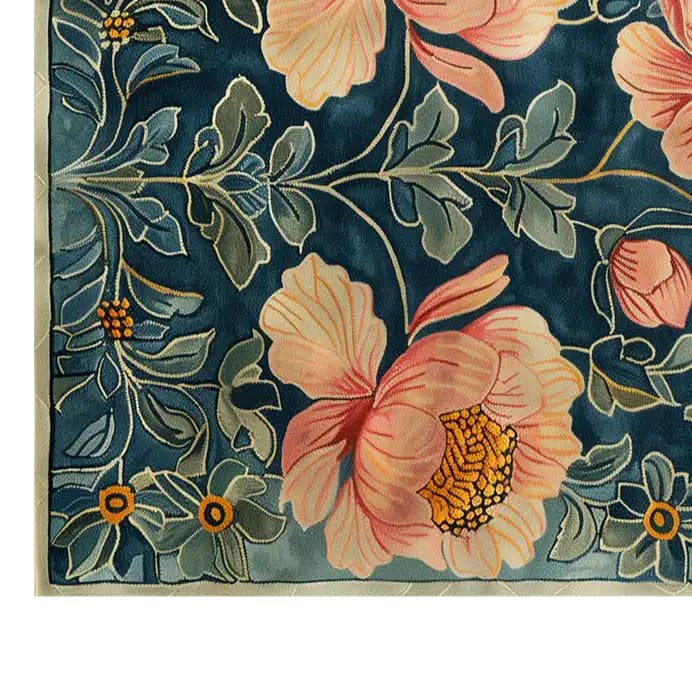 A detailed view of the Majestic Blossoms Hand Tufted Wool Rug, featuring vibrant floral patterns with large pink and yellow flowers against a rich blue background. Perfect as a wool rug for enhancing large living room spaces, this vintage rug combines elegance and durability, making it an ideal choice for area rugs in any living room setting.