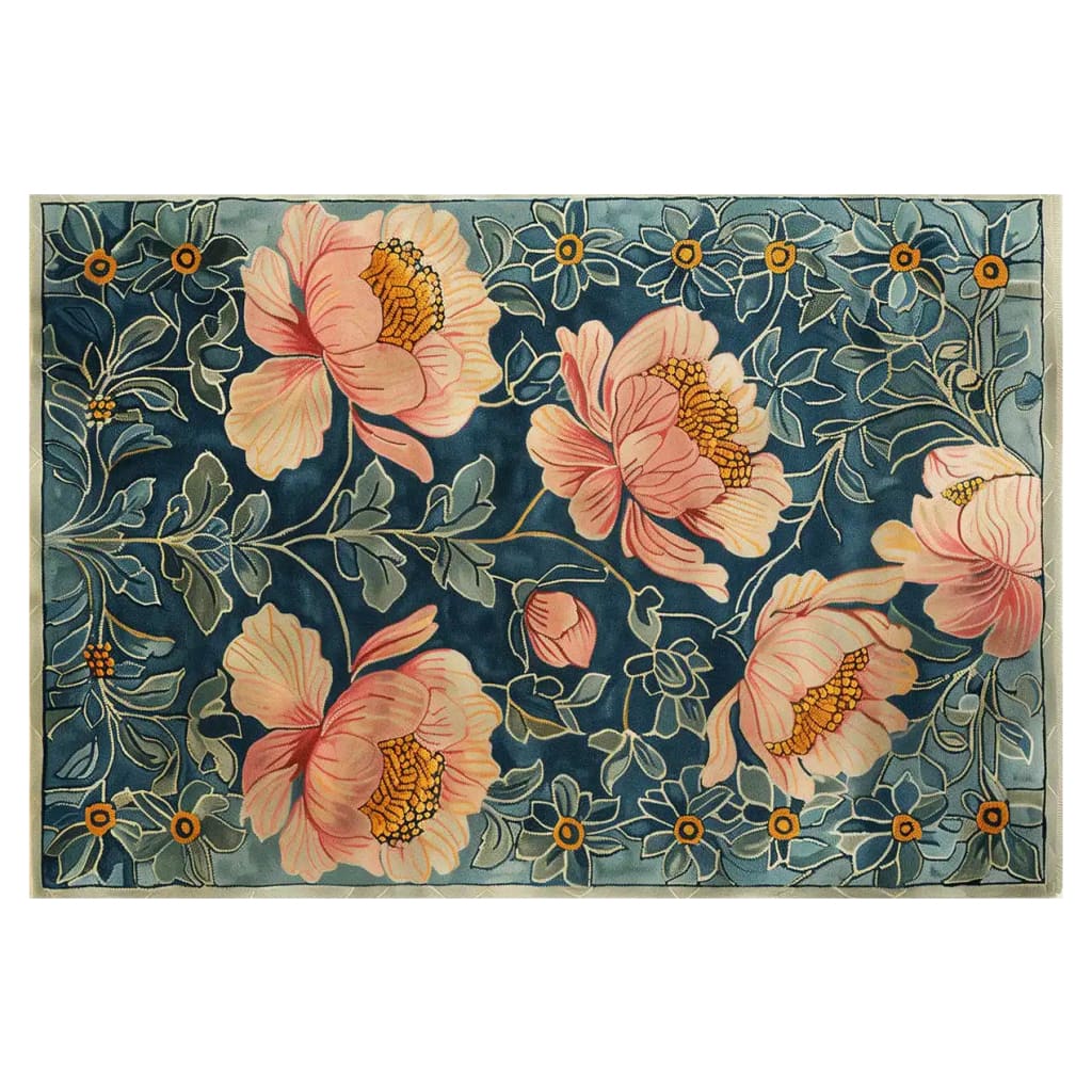 Majestic Blossoms Hand Tufted Wool Rug featuring large pink flowers on a deep blue background, ideal as a vintage area rug for living rooms. This elegant wool rug adds a touch of nature-inspired beauty and sophistication to any large living room space.